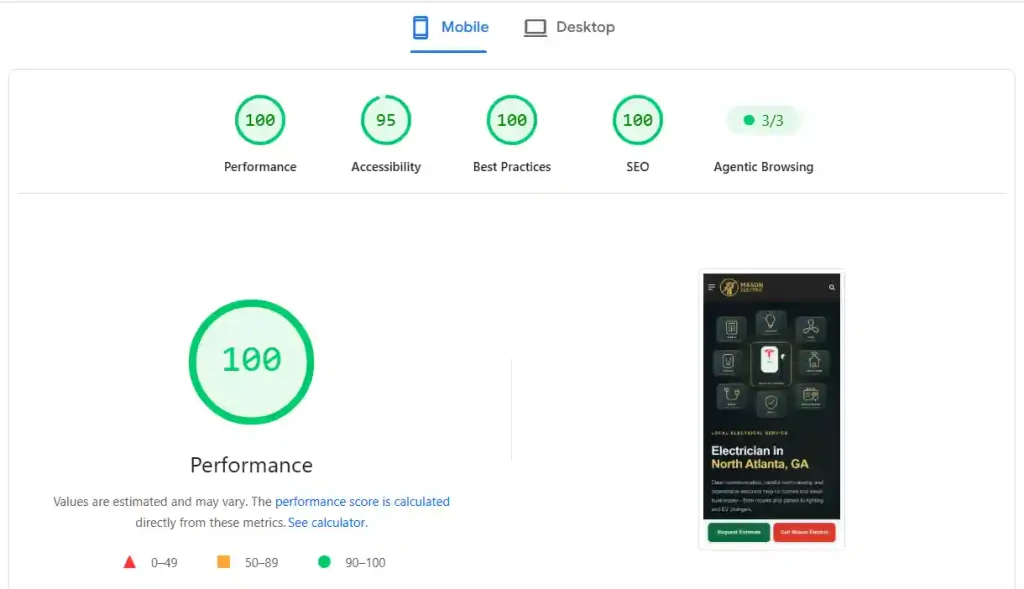 Mason electric LLC Pagespeedinsight